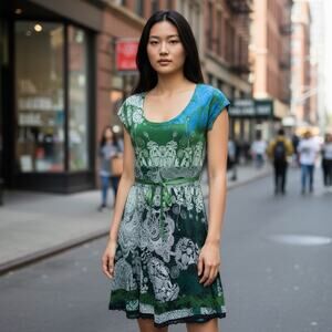 Desigual Green Paisley Print Dress M Ribbon Belt Knee Length Whimsical Boho